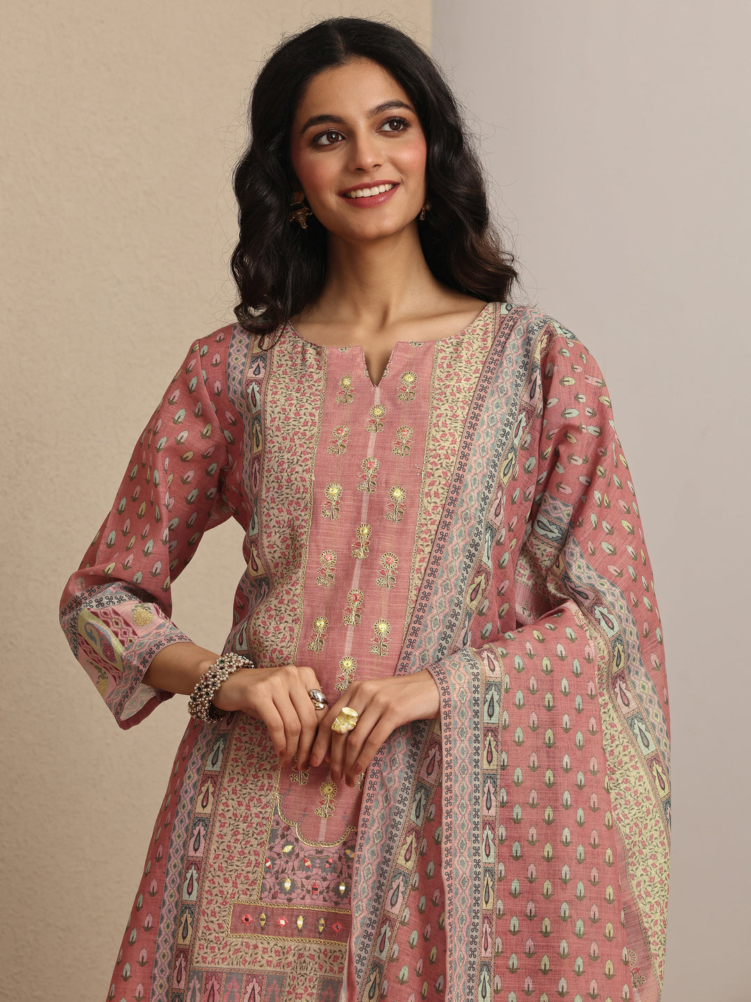 Pink Printed Linen Straight Suit Set With Dupatta