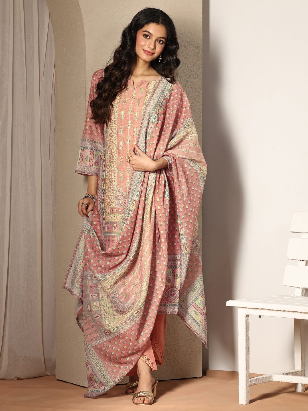 Pink Printed Linen Straight Suit Set With Dupatta