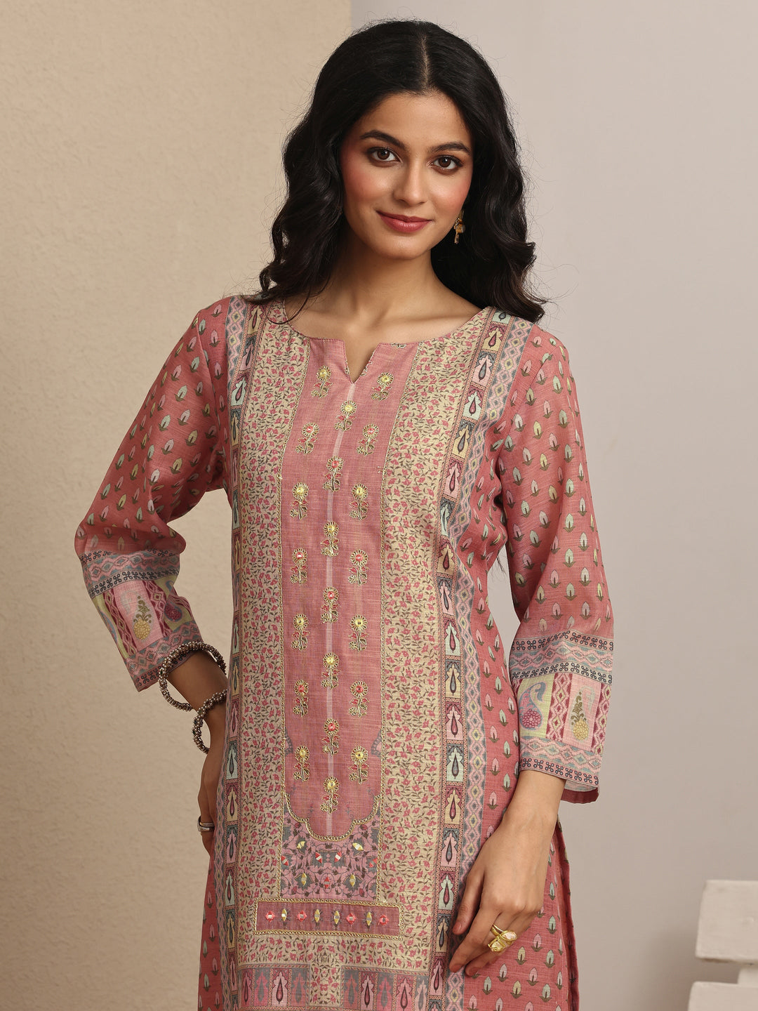 Pink Printed Linen Straight Suit Set With Dupatta