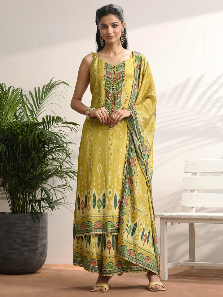 Mustard Printed Chinon Straight Suit Set With Dupatta