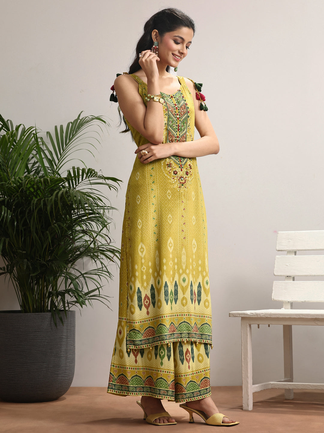 Mustard Printed Chinon Straight Suit Set With Dupatta