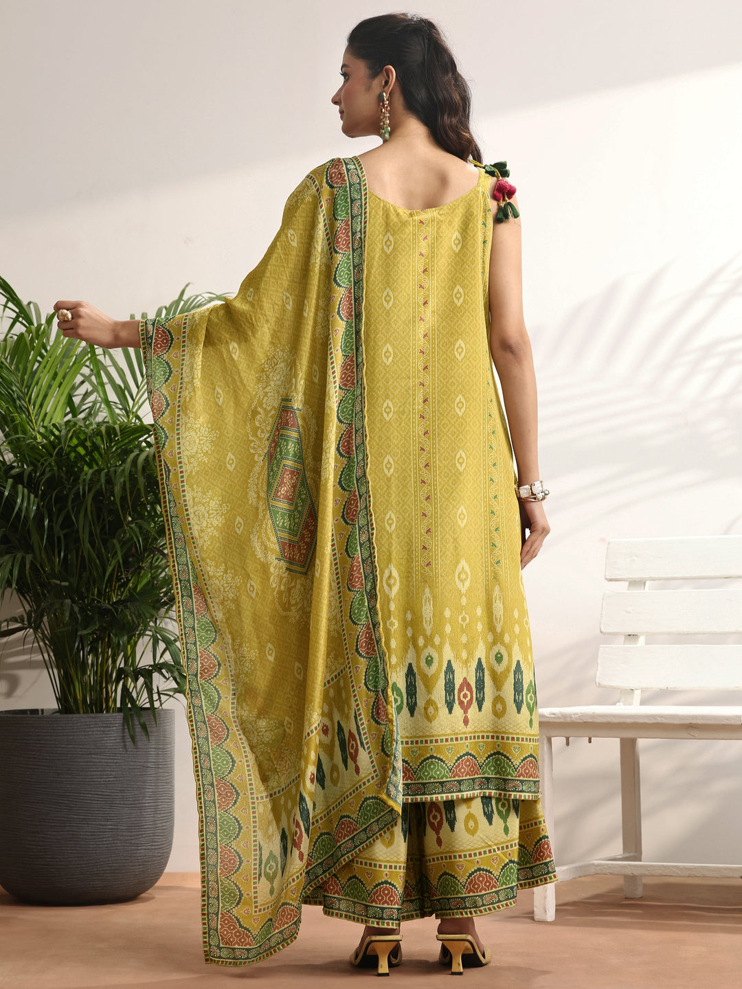 Mustard Printed Chinon Straight Suit Set With Dupatta