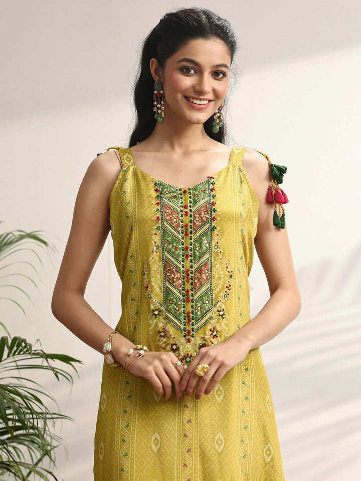 Mustard Printed Chinon Straight Suit Set With Dupatta