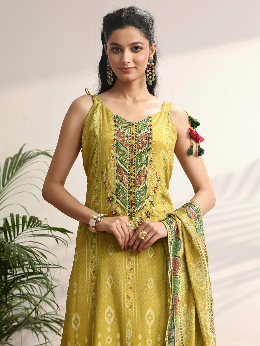 Mustard Printed Chinon Straight Suit Set With Dupatta