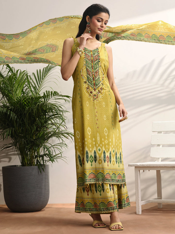 Mustard Printed Chinon Straight Suit Set With Dupatta