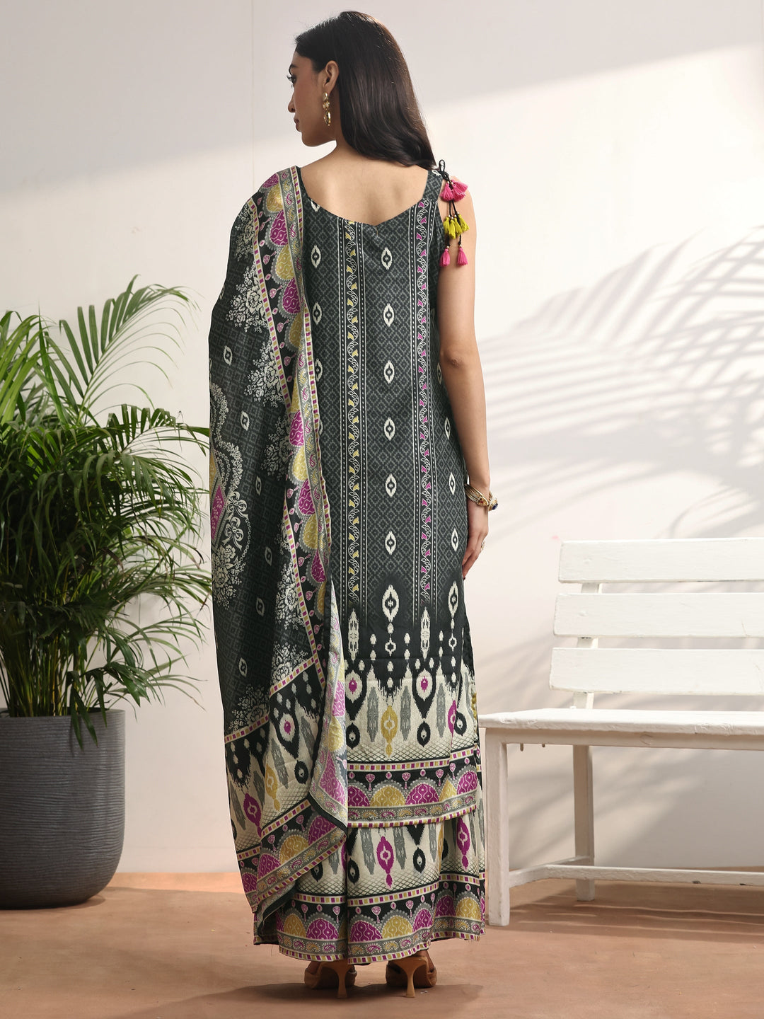 Black Printed Chinon Straight Suit Set With Dupatta