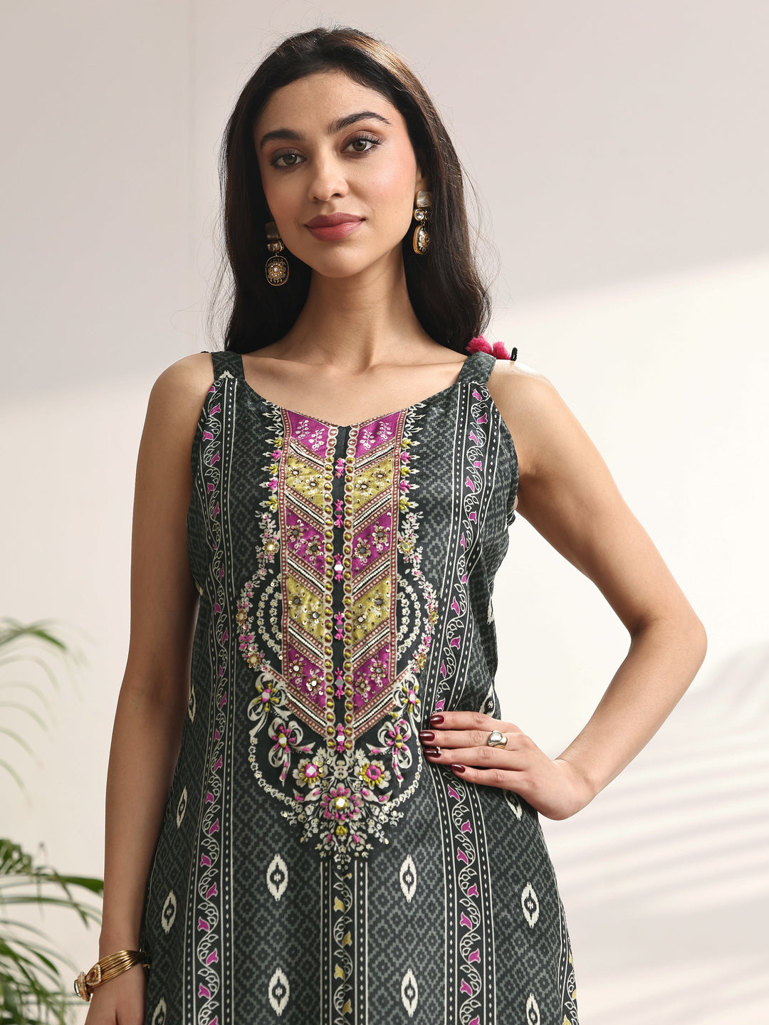 Black Printed Chinon Straight Suit Set With Dupatta