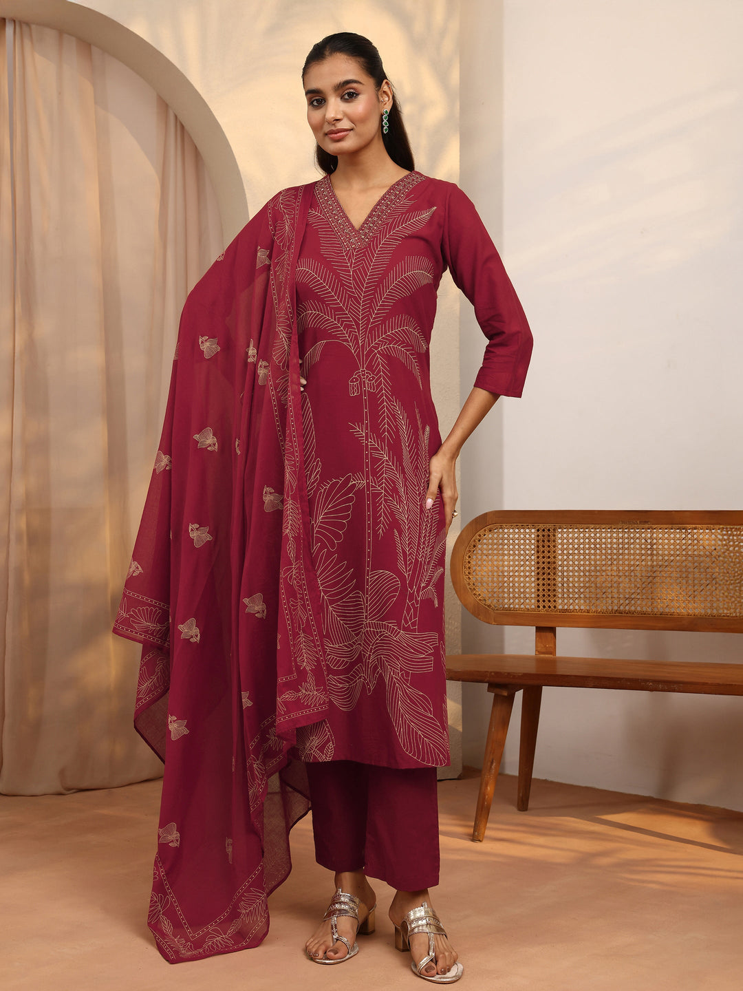 Red Printed Cotton Straight Suit Set With Dupatta