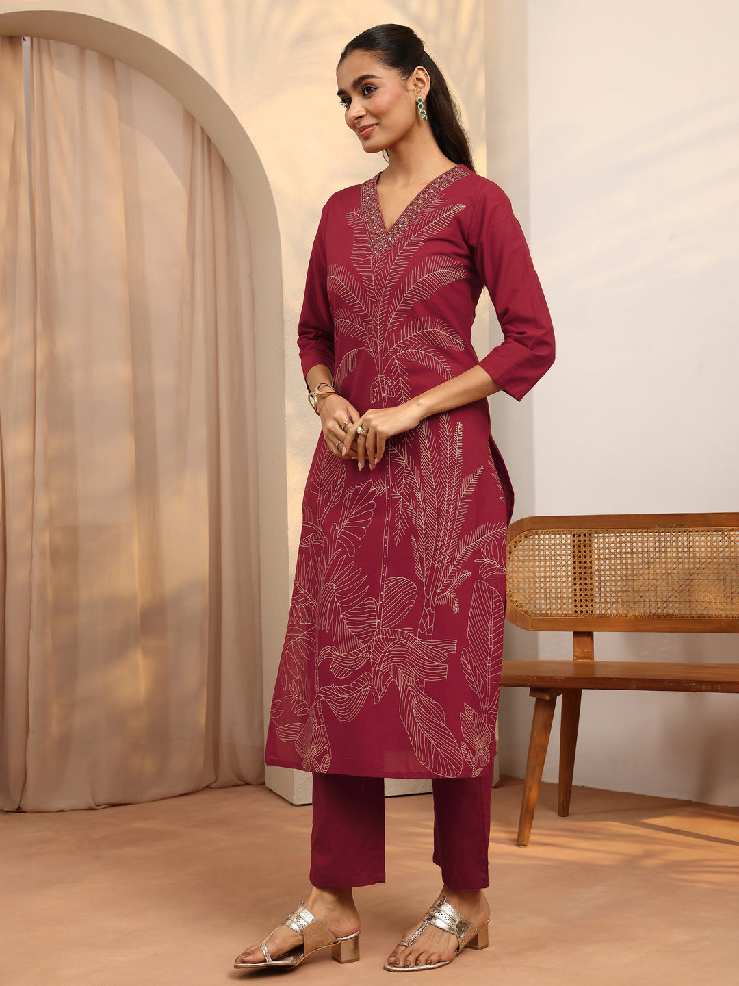 Red Printed Cotton Straight Suit Set With Dupatta