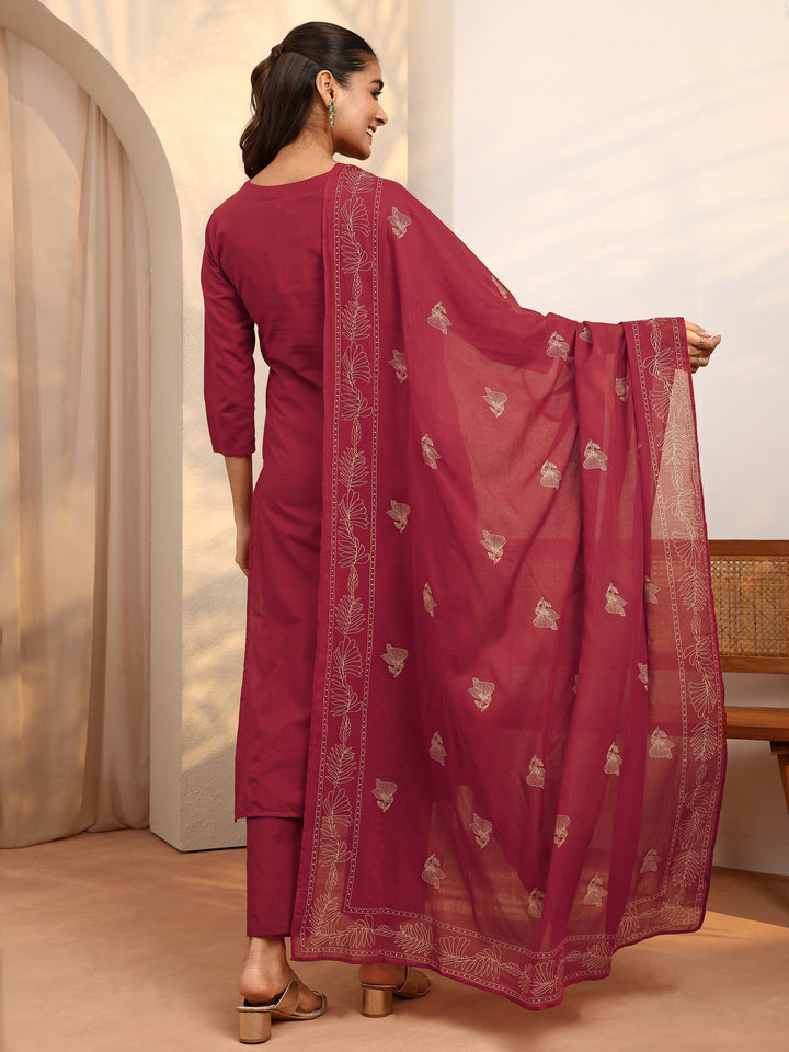 Red Printed Cotton Straight Suit Set With Dupatta