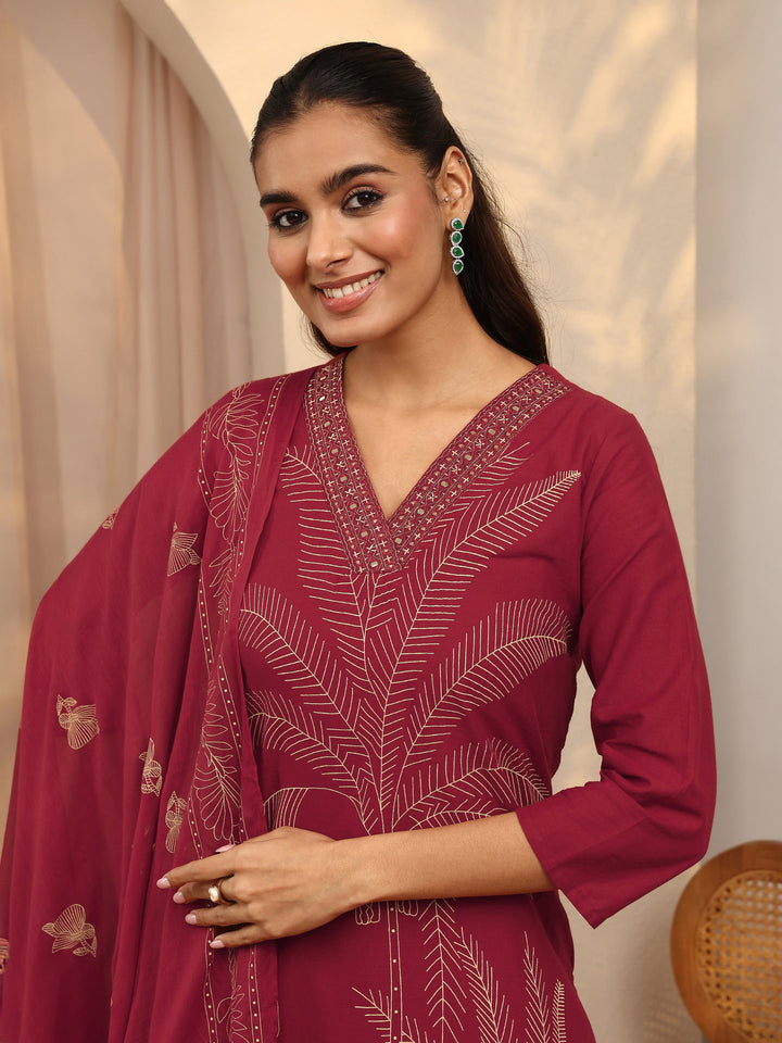 Red Printed Cotton Straight Suit Set With Dupatta