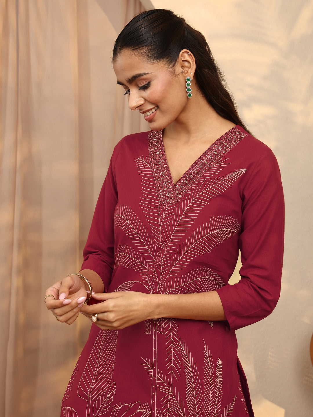 Red Printed Cotton Straight Suit Set With Dupatta