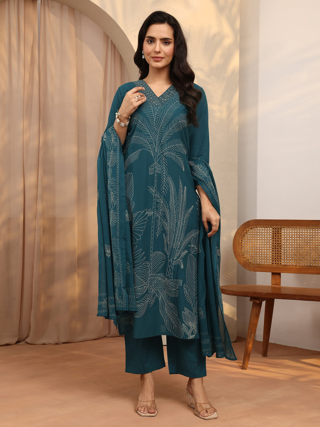 Teal Printed Cotton Straight Suit Set With Dupatta