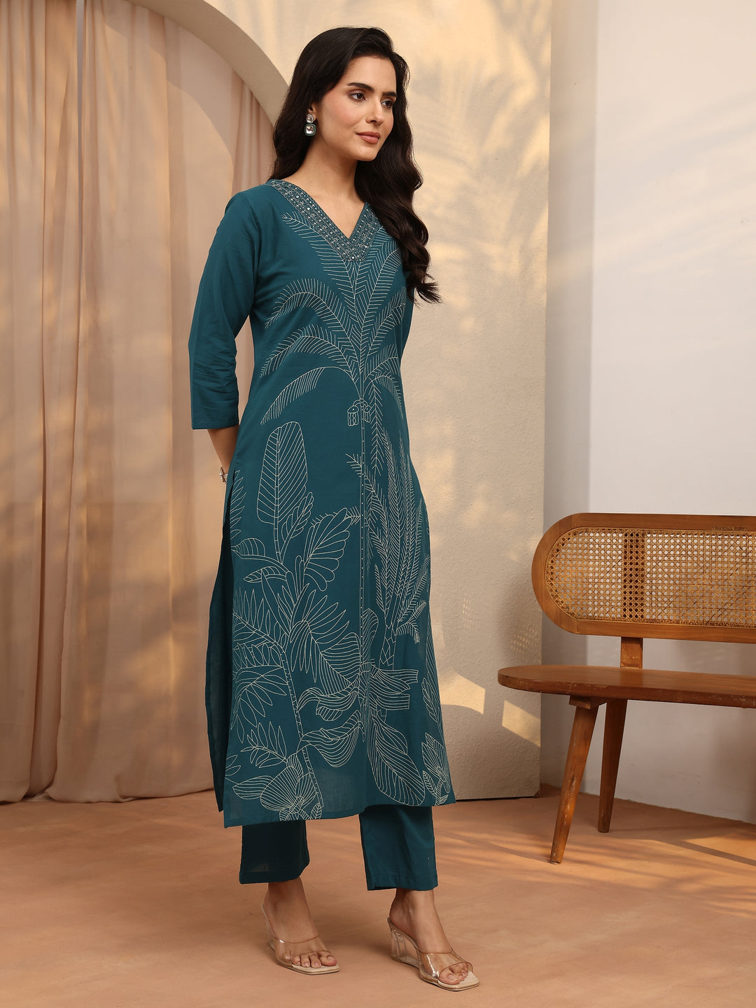 Teal Printed Cotton Straight Suit Set With Dupatta