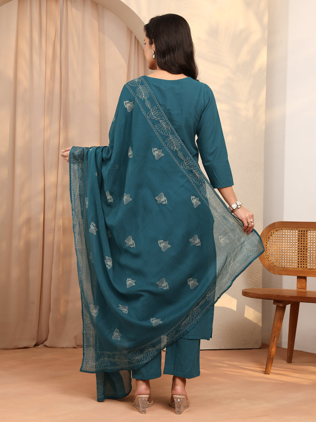 Teal Printed Cotton Straight Suit Set With Dupatta