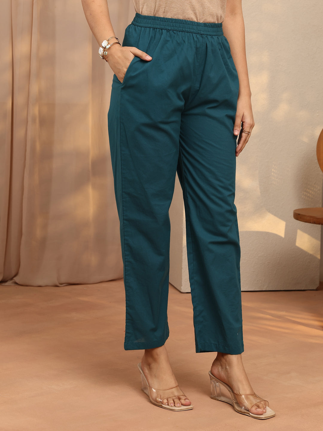 Teal Printed Cotton Straight Suit Set With Dupatta