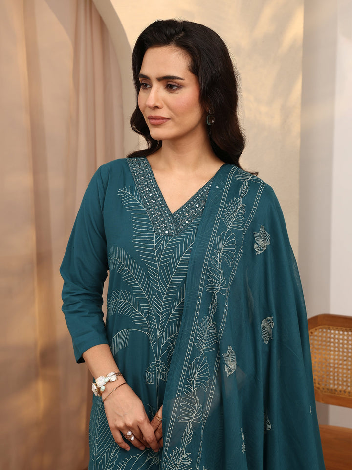 Teal Printed Cotton Straight Suit Set With Dupatta