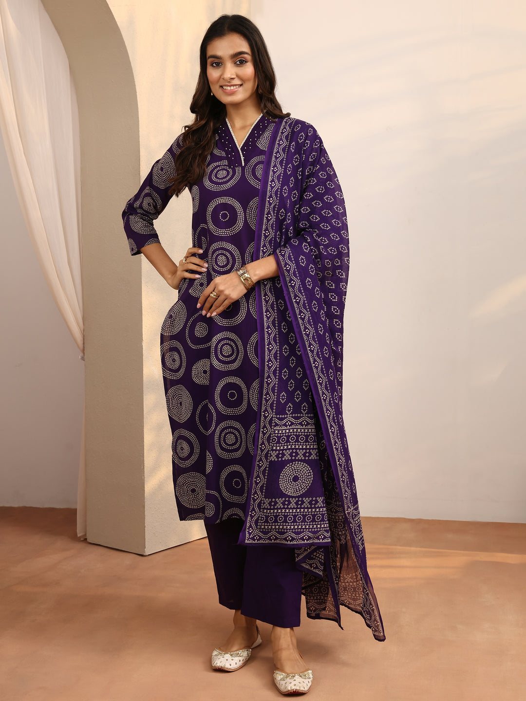 Purple Bandhani Printed Cotton Suit Set With Dupatta