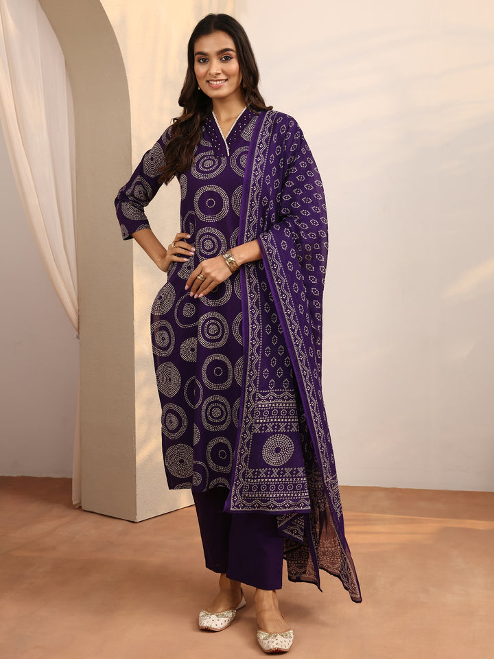 Purple Bandhani Printed Cotton Suit Set With Dupatta