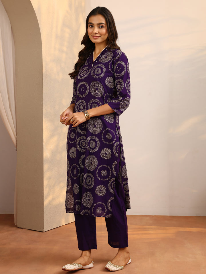 Purple Bandhani Printed Cotton Suit Set With Dupatta