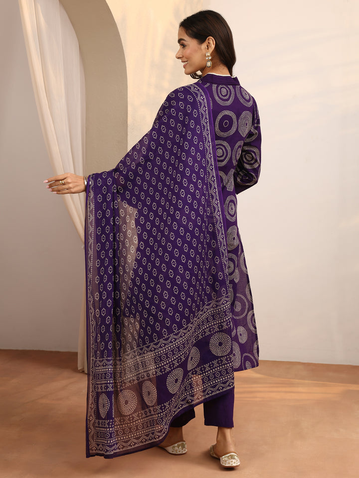 Purple Bandhani Printed Cotton Suit Set With Dupatta