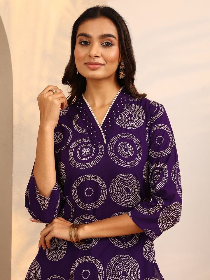Purple Bandhani Printed Cotton Suit Set With Dupatta