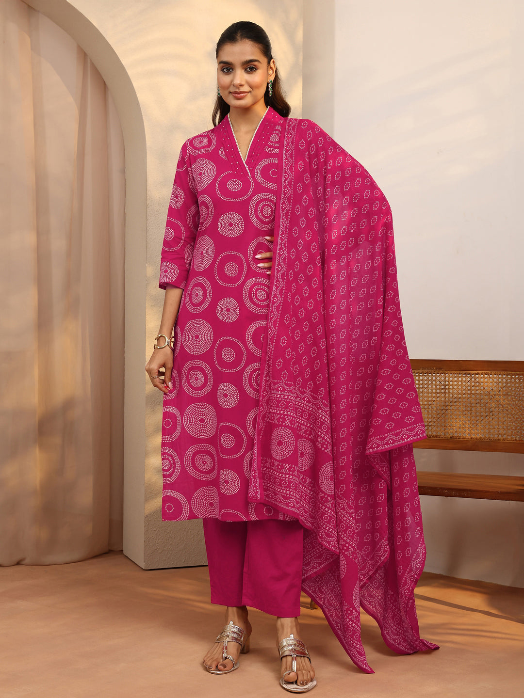 Pink Bandhani Printed Cotton Suit Set With Dupatta