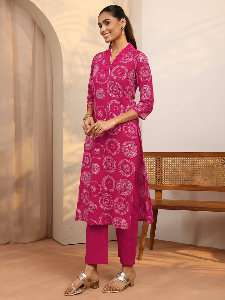 Pink Bandhani Printed Cotton Suit Set With Dupatta