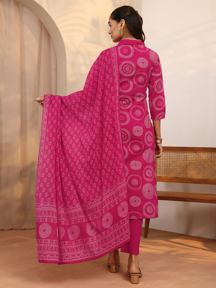 Pink Bandhani Printed Cotton Suit Set With Dupatta