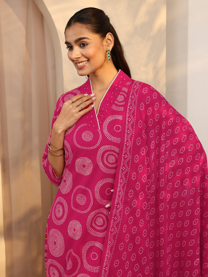 Pink Bandhani Printed Cotton Suit Set With Dupatta