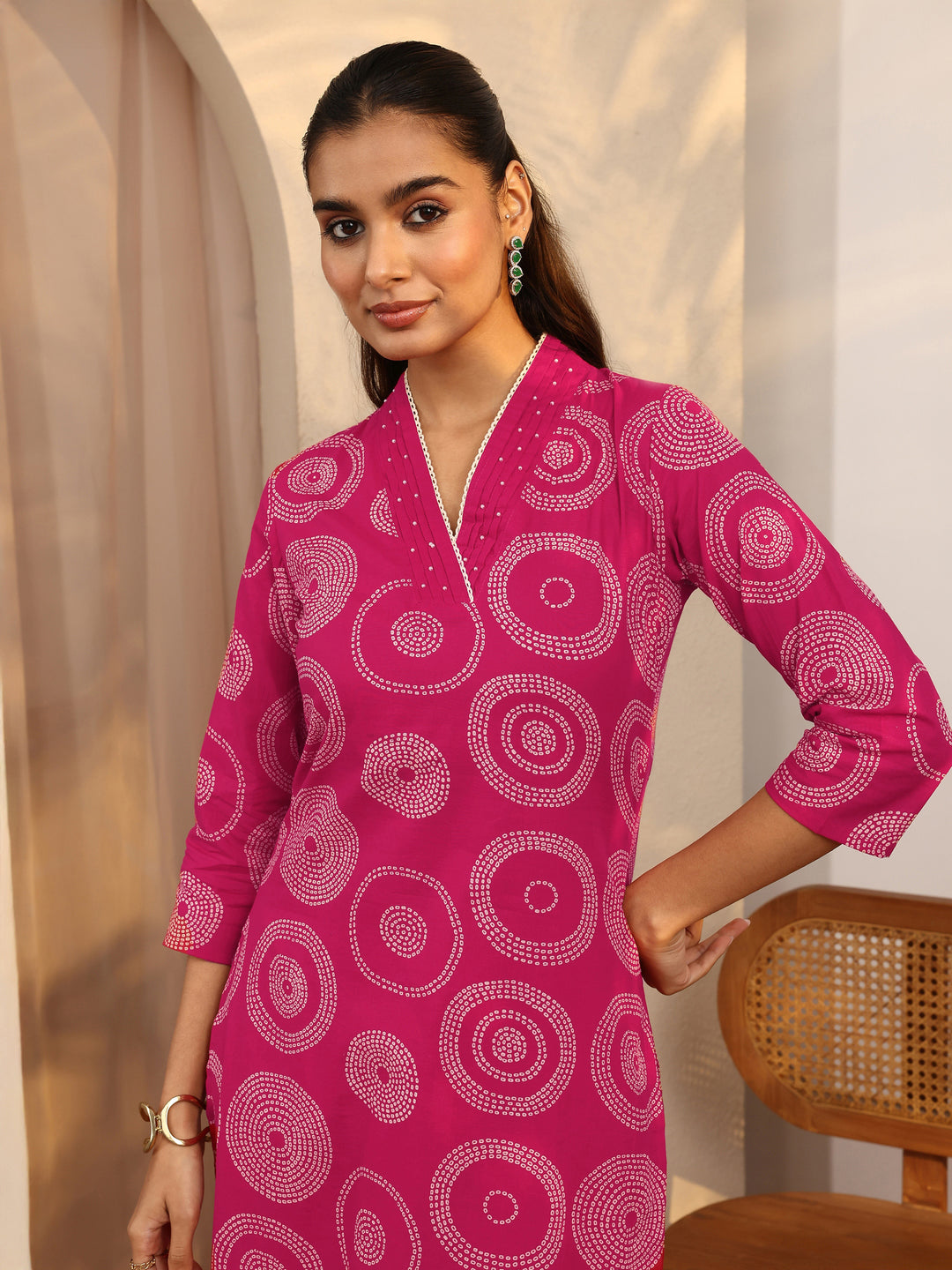 Pink Bandhani Printed Cotton Suit Set With Dupatta