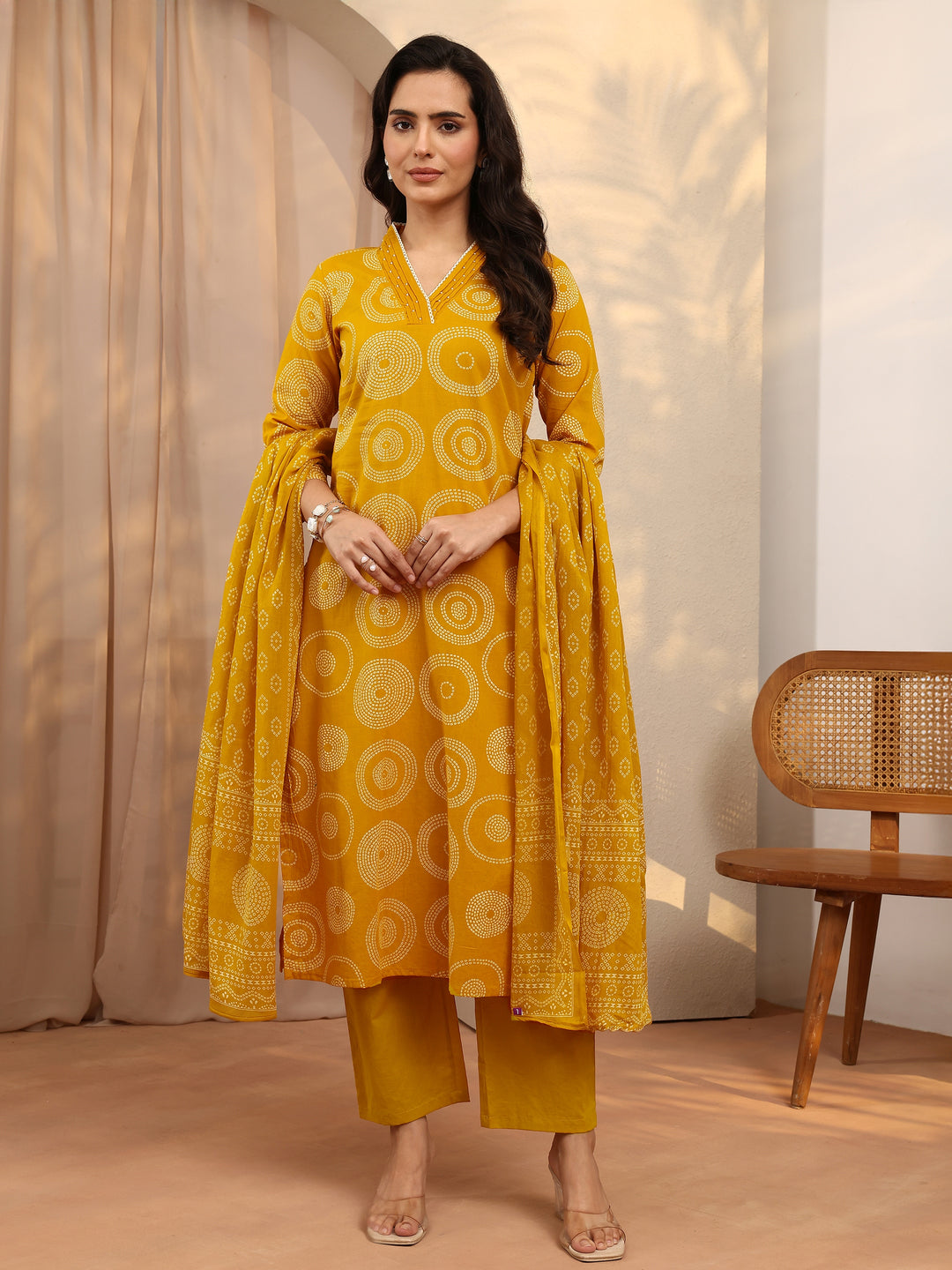 Mustard Bandhani Printed Cotton Suit Set With Dupatta