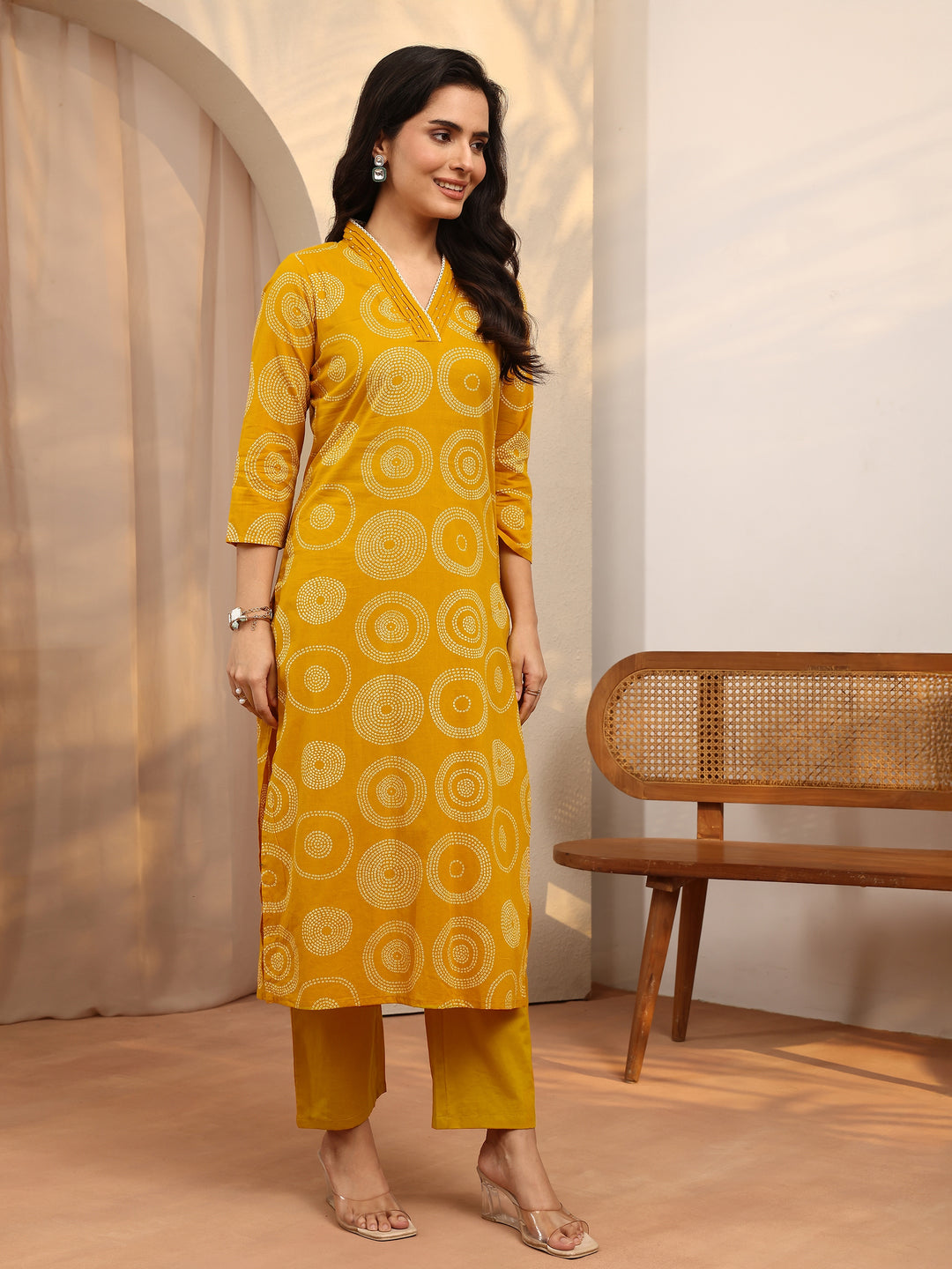 Mustard Bandhani Printed Cotton Suit Set With Dupatta