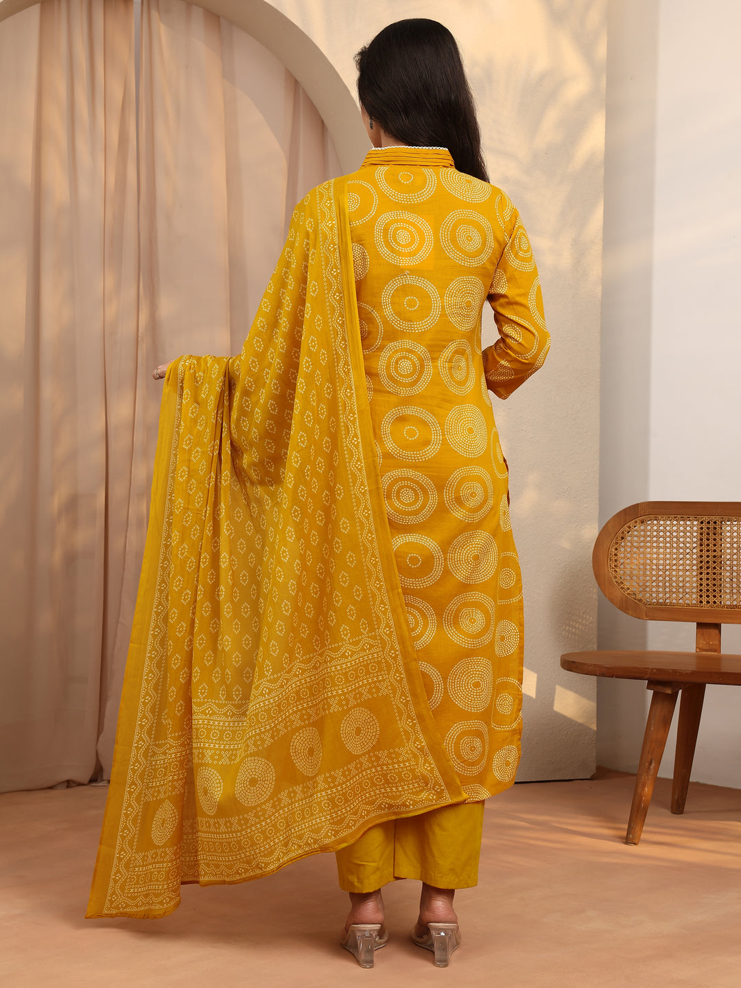 Mustard Bandhani Printed Cotton Suit Set With Dupatta