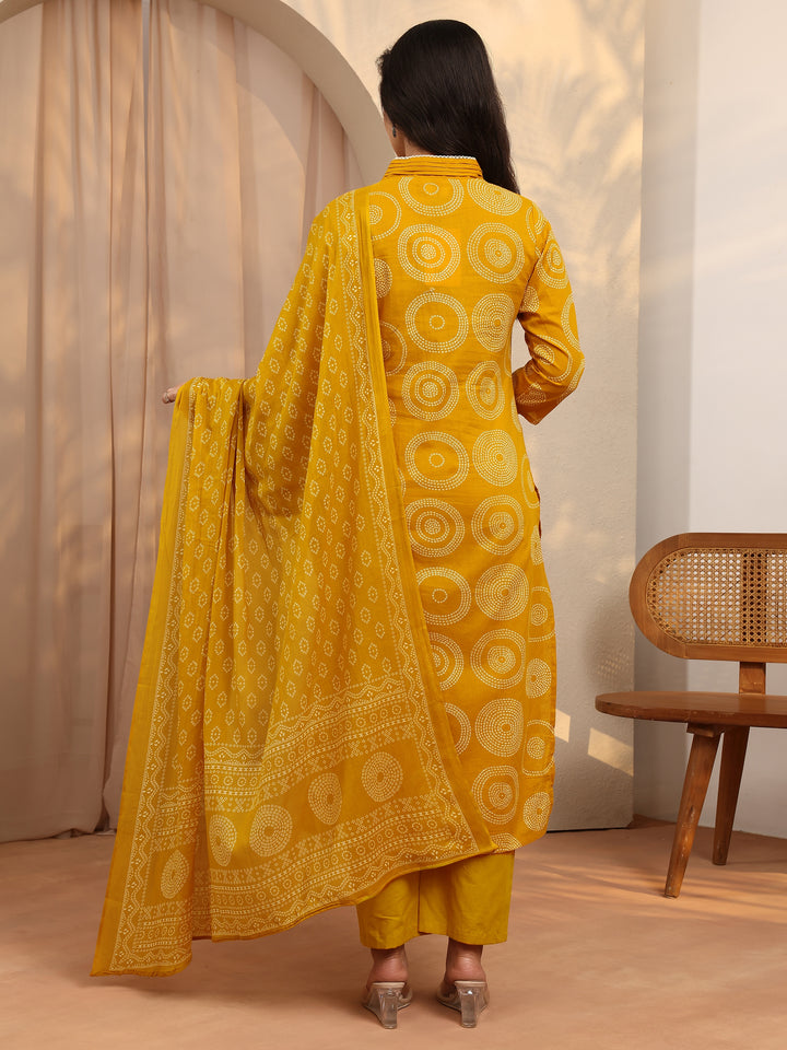 Mustard Bandhani Printed Cotton Suit Set With Dupatta