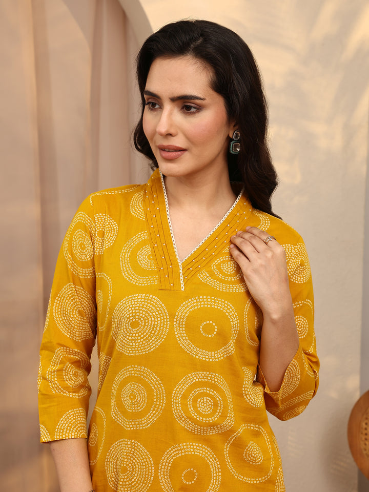 Mustard Bandhani Printed Cotton Suit Set With Dupatta