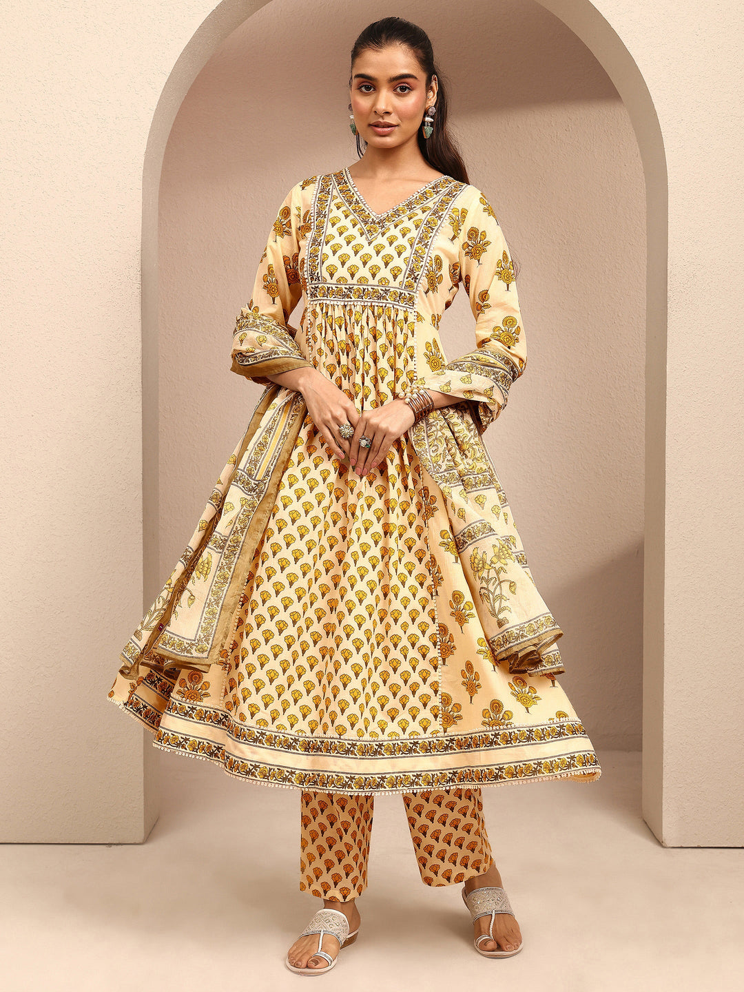 Yellow Printed Cotton Anarkali Suit Set With Dupatta