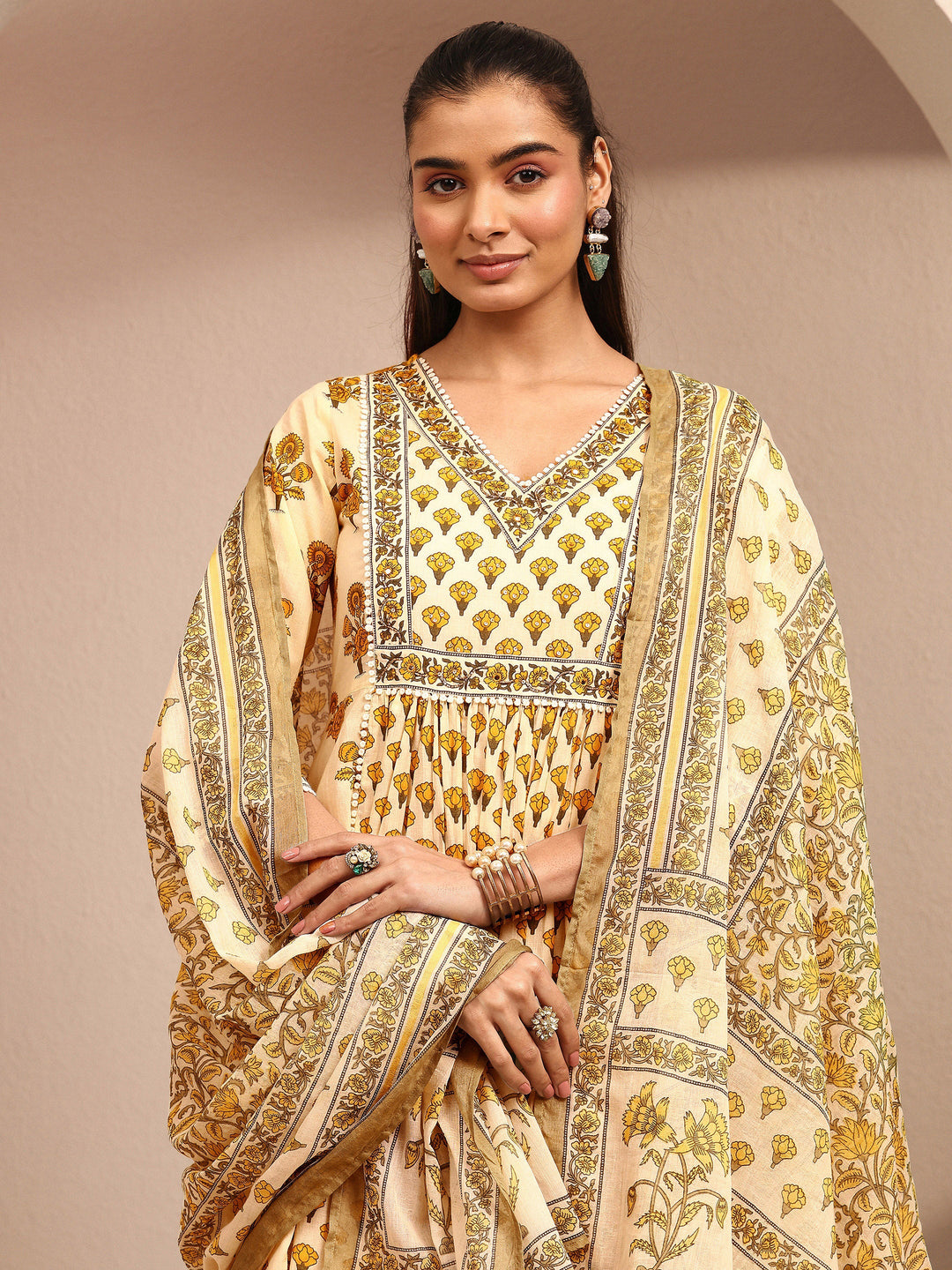 Yellow Printed Cotton Anarkali Suit Set With Dupatta