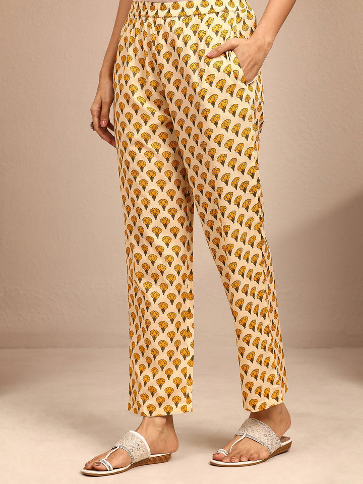 Yellow Printed Cotton Anarkali Suit Set With Dupatta