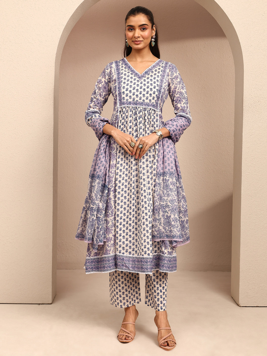 White Printed Cotton Anarkali Suit Set With Dupatta