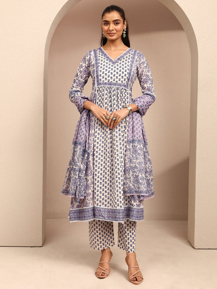 White Printed Cotton Anarkali Suit Set With Dupatta