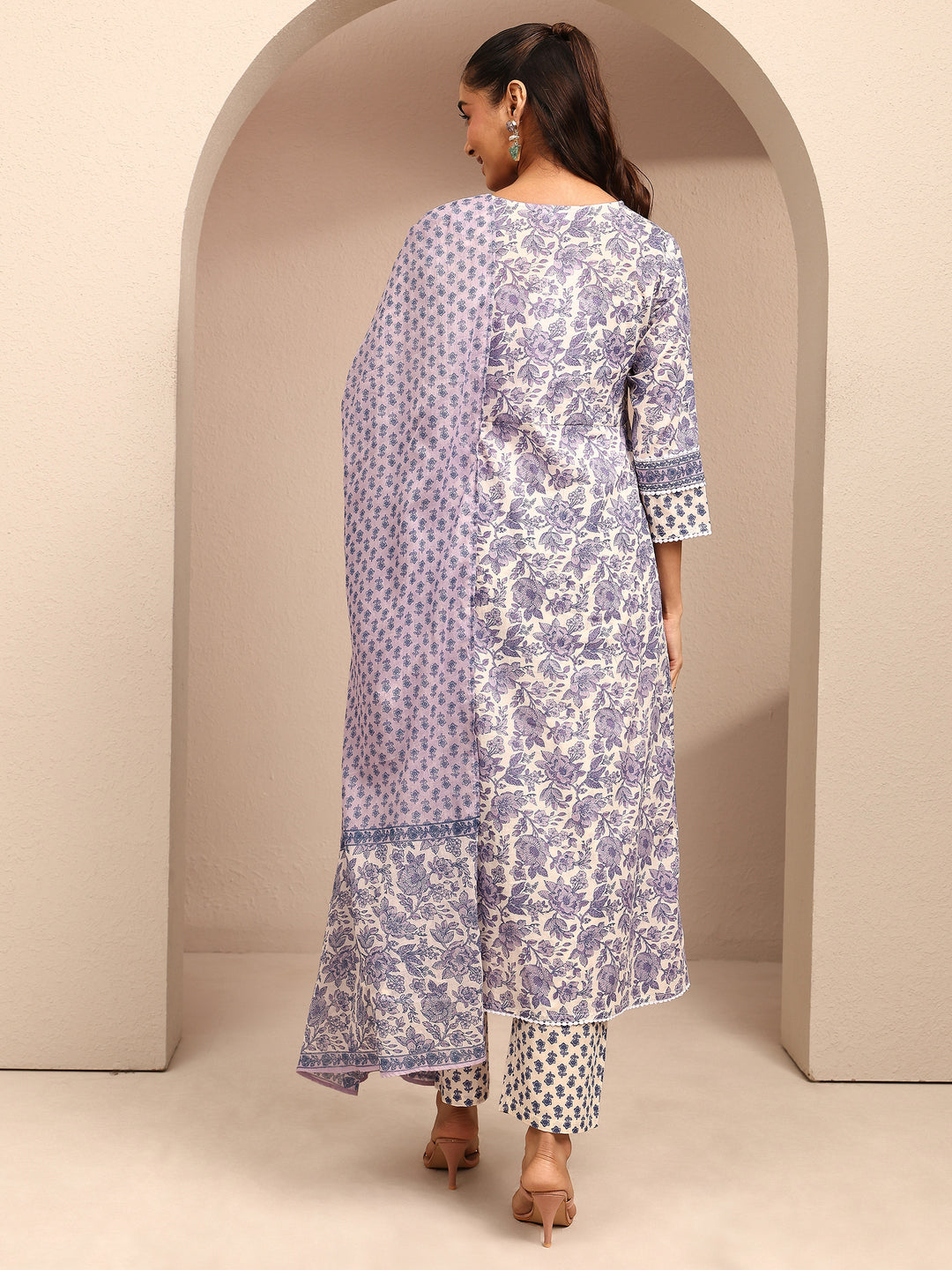 White Printed Cotton Anarkali Suit Set With Dupatta