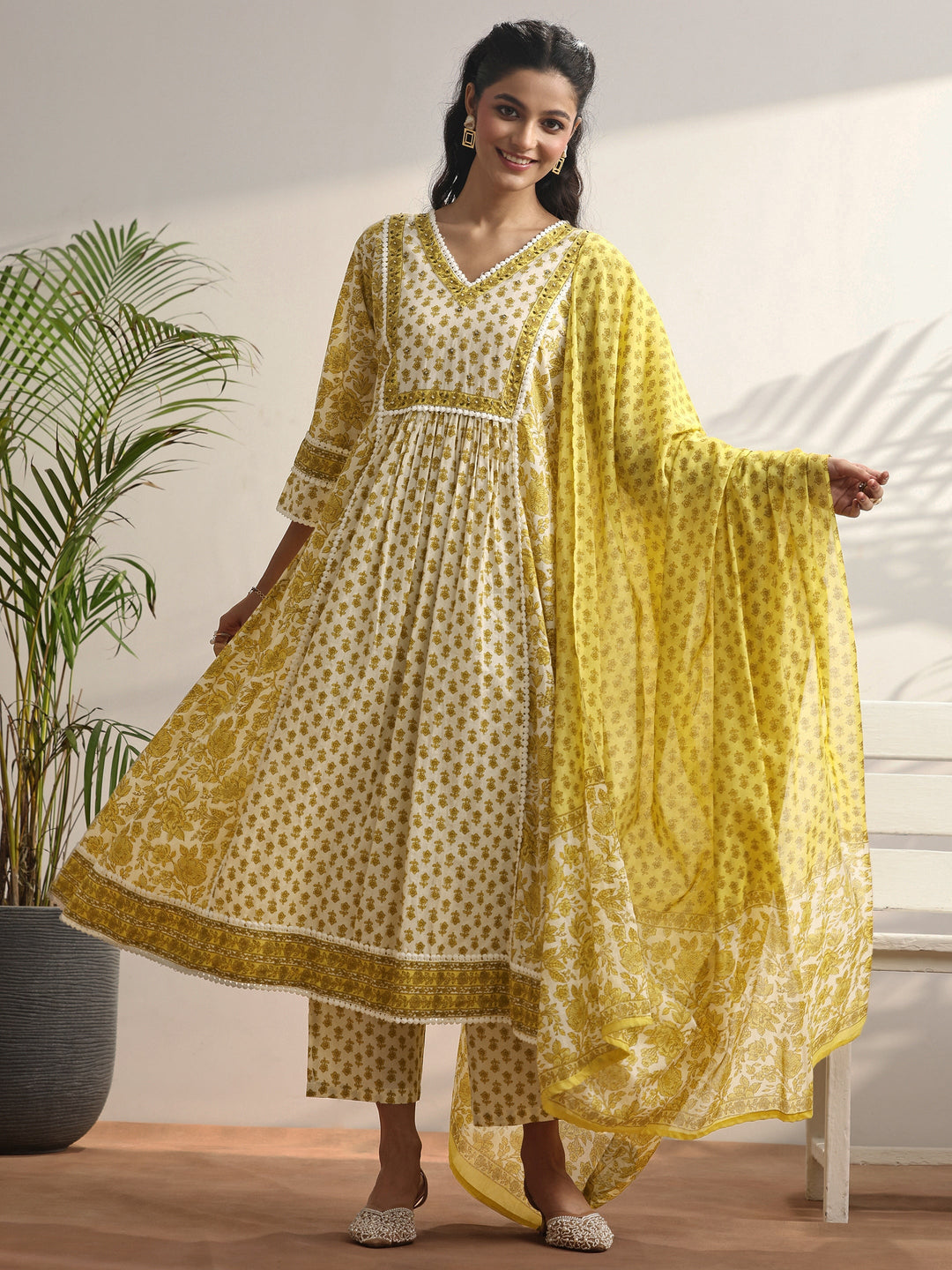 White Printed Cotton Anarkali Suit Set With Dupatta