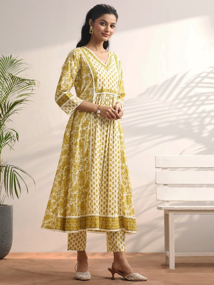 White Printed Cotton Anarkali Suit Set With Dupatta