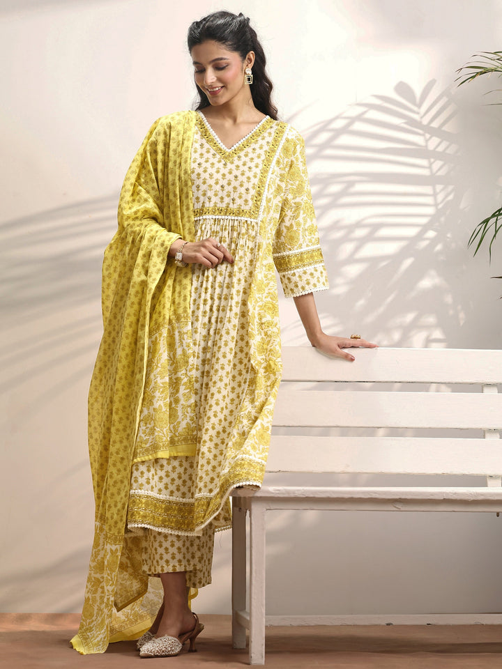 White Printed Cotton Anarkali Suit Set With Dupatta