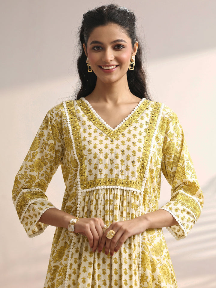 White Printed Cotton Anarkali Suit Set With Dupatta