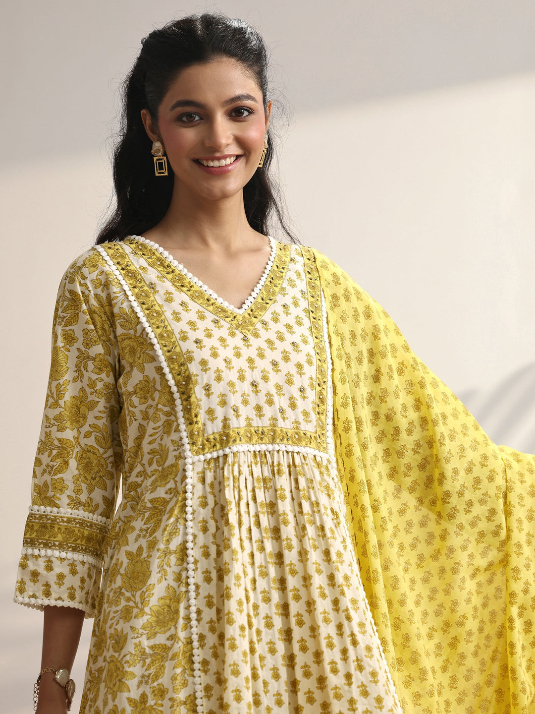 White Printed Cotton Anarkali Suit Set With Dupatta