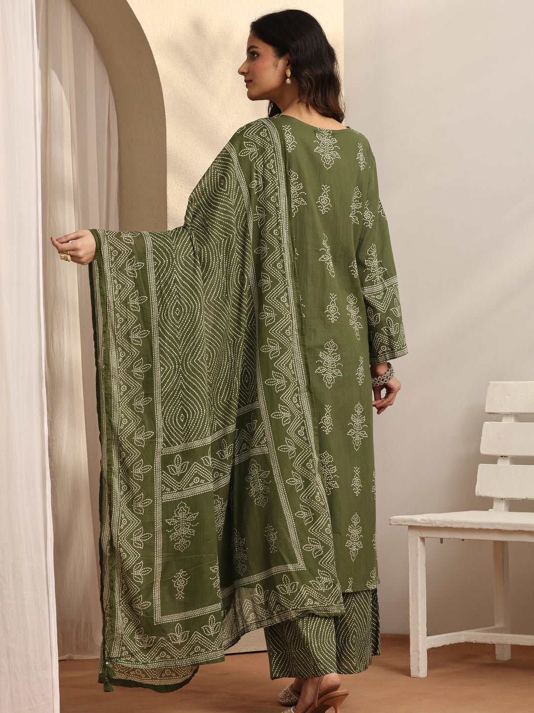 Olive Printed Cotton Straight Suit Set With Dupatta