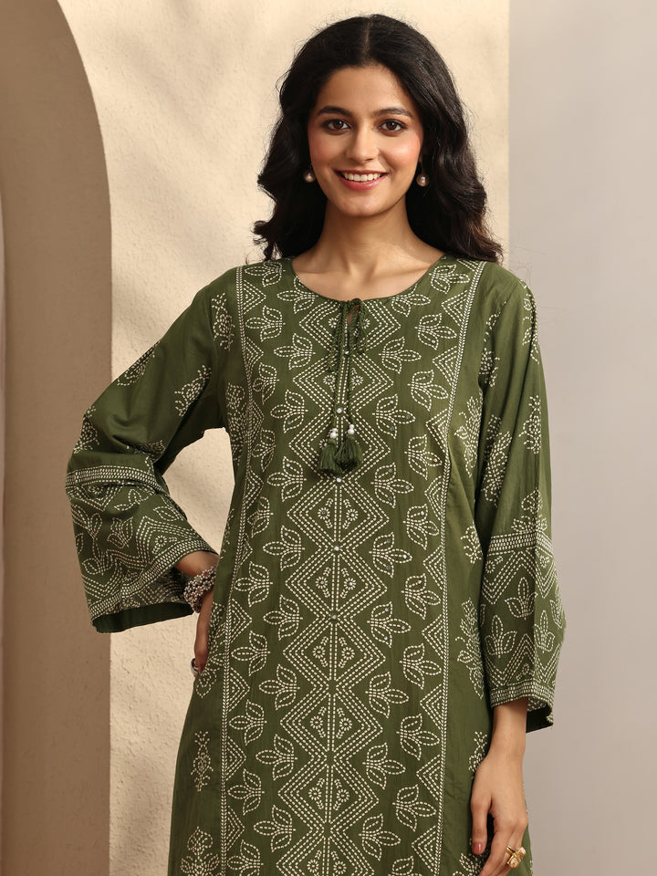 Olive Printed Cotton Straight Suit Set With Dupatta