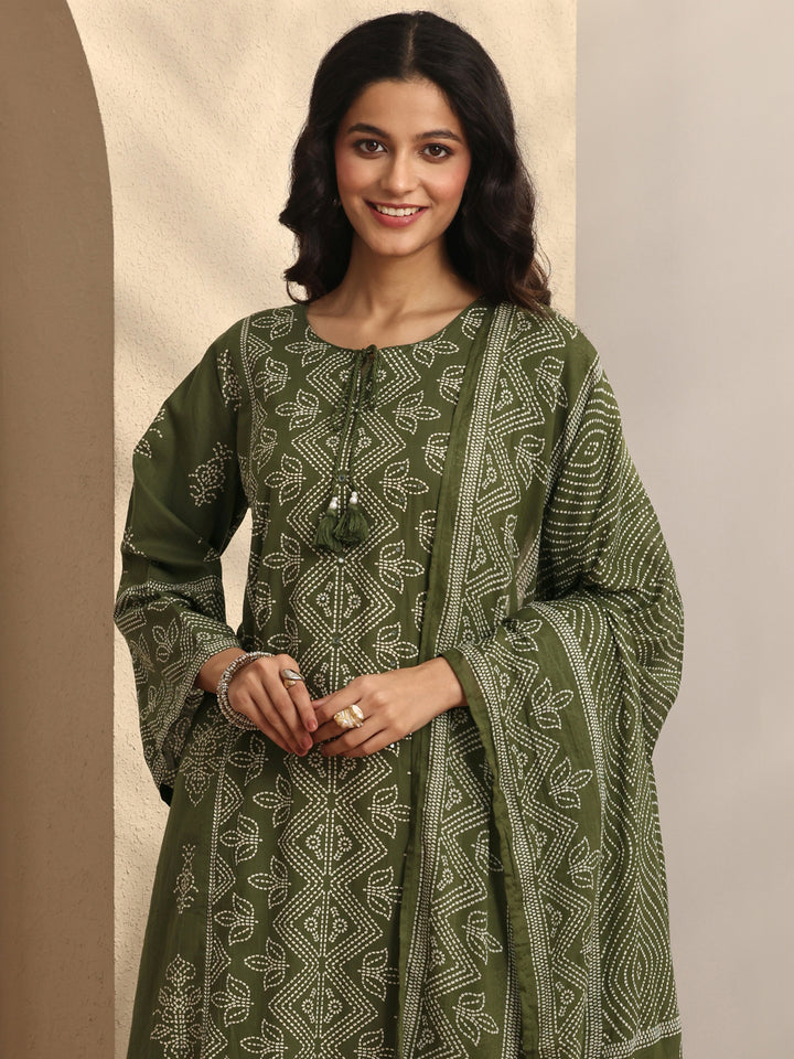 Olive Printed Cotton Straight Suit Set With Dupatta